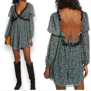 Free People Pennie Mini Dress Long Sleeve V-Neck Floral Lace Trim Colorful Large